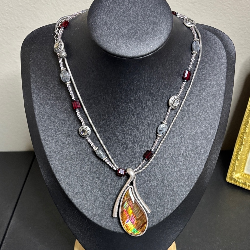 NWT Laura Ashley Layered Silver Necklace with Red and Gold Pendant
